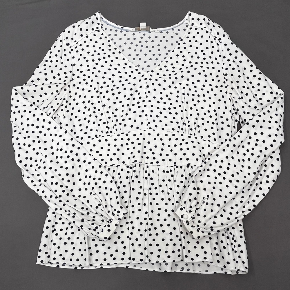 Boden Womens Polka Dot V-Neck Peplum Blouse Long Sleeve White Navy Blue US 12R